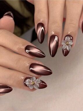 Metallic Brown Press-On Nails with 3D White Flower Accent